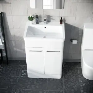 Nes Home Afern 600mm MDF Vanity Unit Cabinet & Wash Ceramic Basin White - Flat Pack