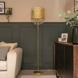 ValueLights Enna Gold Moroccan Style Floor Lamp with Acrylic Jewel Droplet Drum Lampshade