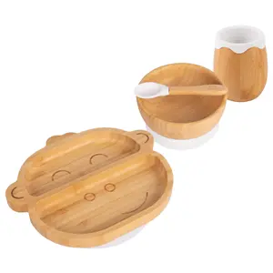 Tiny Dining - Monkey Bamboo Suction Baby Feeding Set - White - 4pc