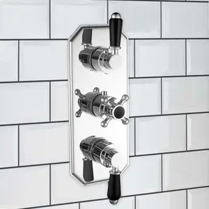 ENKI Regent Chrome Black Crosshead 2-Outlet Solid Brass Thermostatic Triple Shower Valve TSV033