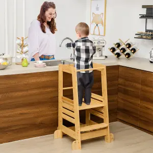 COSTWAY Kitchen Step Stool for Toddlers Bamboo Kids Standing Tower with Safety Rail