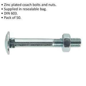 50 Pack Zinc Plated M10 Coach Bolts and Nuts - Durable DIN 603 Fasteners for DIY Projects