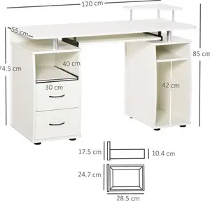 HOMCOM Office PC Desk, Computer Table Workstation With Keyboard Tray, CPU Shelf, Drawers, Sliding Scanner Shelf, White | Aosom UK