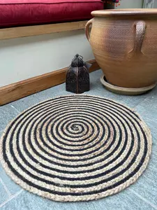 CHAKKAR DARK Stripe Round Jute Beige Black Rug / 60 cm Diameter