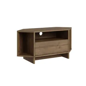 Decortie Modern Viva Corner TV Unit Shelf up to 40 Inch TVs Push to Open Storage Cabinet, 3 Open Shelf 95.7(W)cm Dark Oak Effect