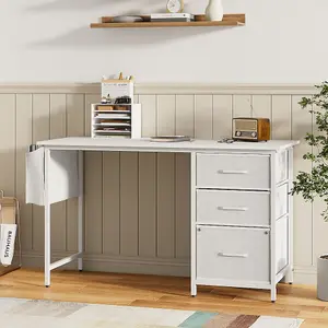 Freestanding Computer Desk with 3 Fabric Drawers and Storage Bag in White