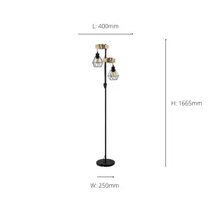 EGLO Townshend 5 Black/Natural Metal & Wood 2-Light Floor Lamp - Industrial Style (D) 25cm