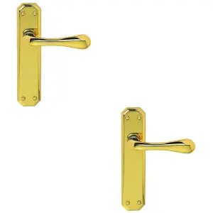 2 PACK - Geometric Internal Latch Door Handle - Polished Brass Lever On Angular Backplate