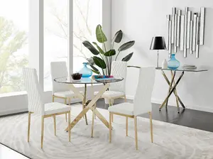 Furniturebox UK 4 Seater Dining Set - Novara 100cm Gold Round Glass Dining Table and Chairs - 4 Beige Faux Leather Milan Chairs