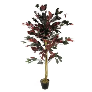 120cm (4ft) Artificial Dark Red Green Ficus Plant - Gold Planter