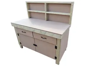 Wooden MDF top storage workbench with lockable cupboard and drawers (V.4)  (H-90cm, D-70cm, L-180cm) with back