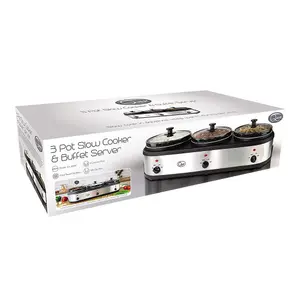 Quest 3 Pot Electric Slow Cooker, Buffet Server & Food Warmer / 3x 2.5L Ceramic Pots with Glass Lids / 3 Heat Settings