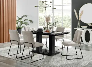 Imperia Black High Gloss 6 Seater Dining Table with Structural 2 Plinth Column Legs Taupe Fabric Halle Modern Chairs