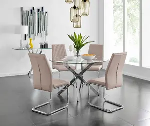 Furniturebox UK Novara Chrome Metal And Glass Large Round Dining Table And 4 Cappuccino Beige Lorenzo Chairs Set