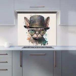 Devon Rex Cat With Glasses Splashart Premium Glass Kitchen Splashback W600mm x H650mm