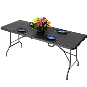 6ft Folding Table - Portable Black Plastic Trestle Table 180x75cm with Steel Frame, Easy to Fold & Store, For Indoor & Outdoor Use