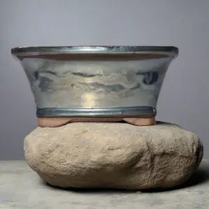 16cm Glazed Bonsai Pot - Rectangle - 16cm x 13cm x 6cm - Silver