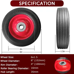 Pack of 2 6" Solid Wheels for Sack Truck / Trolley / Cart 6 Inch Wheels 16mm Roller Bearings