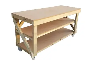 MDF top workbench (H-90cm, D-70cm, L-180cm) double shelf and wheels