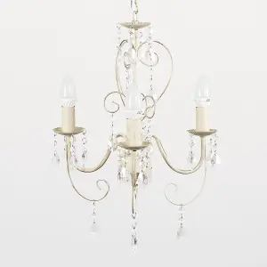 ValueLights Lille Cream Ornate Vintage Style 3 Way Ceiling Light Chandelier with Acrylic Jewels and 3x SES E14 Glass Candle Bulbs