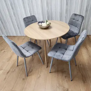 Round Oak Effect Kitchen Dining Table With 4 Grey Velvet Tufted Chairs Dining Set