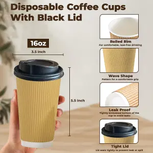 ECONX 16oz Takeaway Coffee Cups with Black Lids Triple Walled Insulated Disposable Ripple Coffee Cups (Pack of 100)