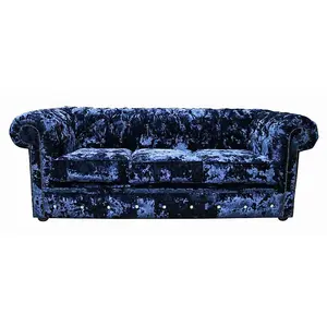 Chesterfield Crystal 3 Seater Sofa Lustro Sapphire Blue Velvet In Classic Style