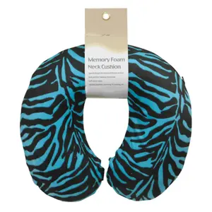 Memory Foam Neck Travel Cushion - Removeable Velour Cover - Blue Tiger Print