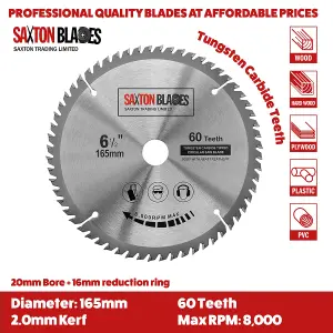 Saxton TCT165MXD TCT Circular Blade 165mm x 24, 36, 48 & 60 Teeth x 20mm Bore & 16mm Ring Pack of 4