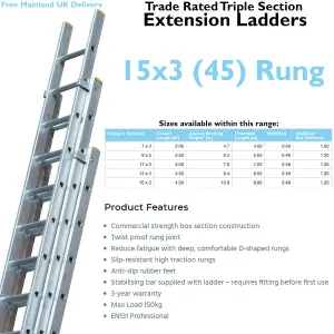 45 Rung Aluminium TRIPLE Section Extension Ladders & Stabiliser Feet- 4m 9.9m