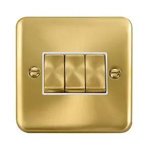 Curved Satin / Brushed Brass 10A 3 Gang 2 Way Ingot Light Switch - White Trim - SE Home