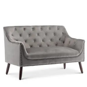 2 Seater Loveseat Small Sofa in Light Grey Velvet Fabric