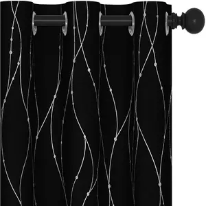 Deconovo Dotted Line Foil Printed Thermal Curtains Eyelet Blackout Curtains for Bedroom 46 x 72 Inch Black Two Panels