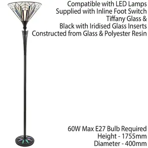 1.7m Tiffany Floor Lamp Black Stem & Retro Stained Glass Shade Uplighter i00002