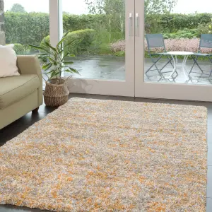 Super Soft Mottled Tonal Ochre Yellow & Grey Shaggy Area Rug 200x290cm