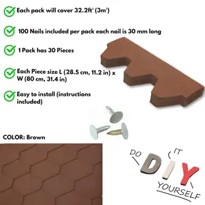 Premium Asphalt Roof Shingles 25 Pcs - Brown Hexagonal Roofing Felt 3 sqm - 31.5 x 12.4 Weatherproof, Heavy-Duty Roofing Material