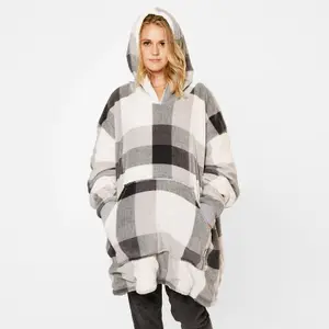 Dreamscene Check Hoodie Blanket Giant Wearable Sherpa Oversized Sweatshirt, Grey