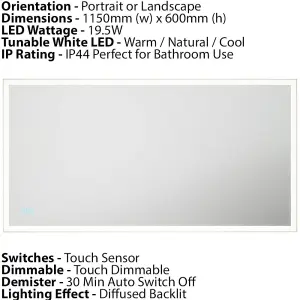 600 x 1150mm IP44 LED Bathroom Mirror & Demister - Tunable White Diffused Border