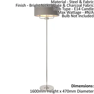 Floor Lamp Light - Bright Nickel & Charcoal Fabric - 3 x 40W E14 - Base & shade