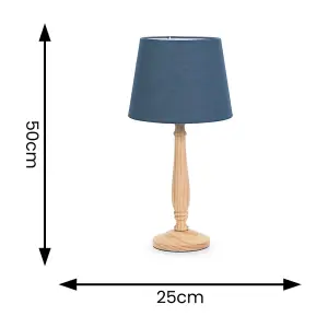 ValueLights Victoria Traditional Light Wood Candlestick Table Lamp with Navy Blue Tapered Shade - LED Bulb Included