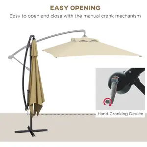 Outsunny 3 m Cantilever Parasol with Cross Base, Crank Handle, 6 Ribs, Brown