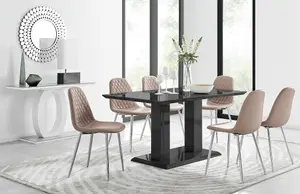 Imperia Black High Gloss 6 Seater Dining Table with Structural 2 Plinth Column Legs 6 Beige Faux Leather Silver Leg Corona Chairs