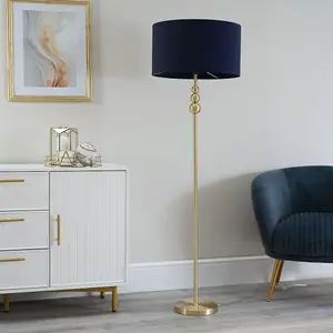 ValueLights Marissa Gold Stacked Ball Floor Lamp with Navy Blue Drum Shade