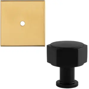 Cabinet Door Knob & Contrasting Backplate Set - Hex Kitchen Pull - Matt Black & Satin Brass