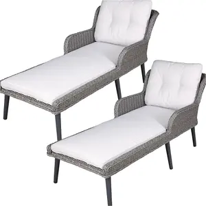 2 Pack Grey Rattan Wicker Outdoor Sun Lounger with Cushions for Garden