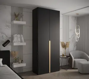 Stylish Black Inova I Hinged Door Wardrobe W1000mm H2370mm D470mm - Modern Storage with Vertical Gold Handles