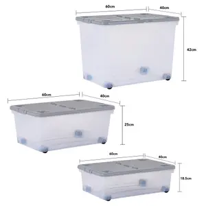 Wham 3 Piece Multisize Stackable Plastic Storage Box with Wheels & Folding Lid Clear/Cool Grey