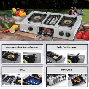 NJ G-87 Stainless Steel Camping Gas Stove 3 Burners with Grill & Oven 9.7kW