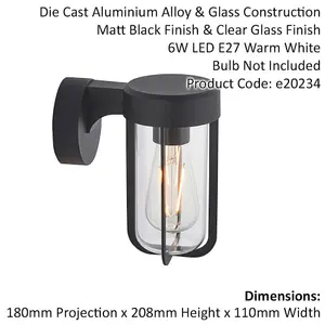 Matt Black Outdoor Wall Light with Clear Glass Shade - IP44 Rated - LED Bulb