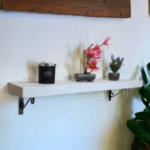 Solid Wood Handmade Rustical Shelf White 225mm 9 inch with Black Metal Bracket WOP Length of 160cm